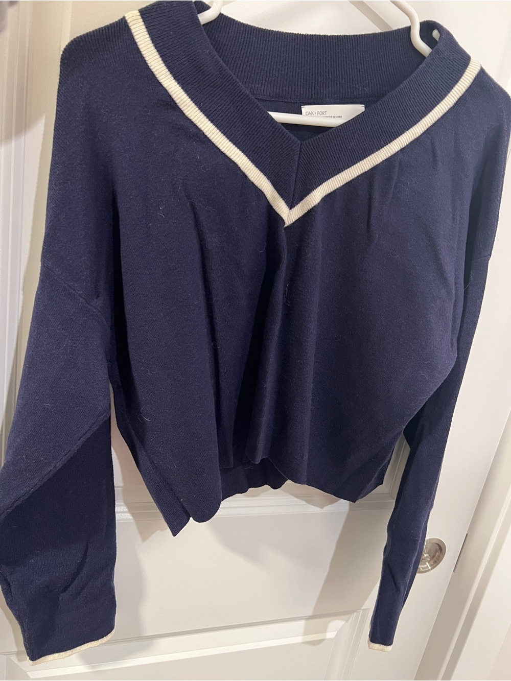 OAK + FORT Navy V-Neck Sweater with Cream Trim